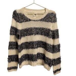 Tabitha Anthropologie Striped Eyelash Knit Sweater Cream Charcoal Grey Large